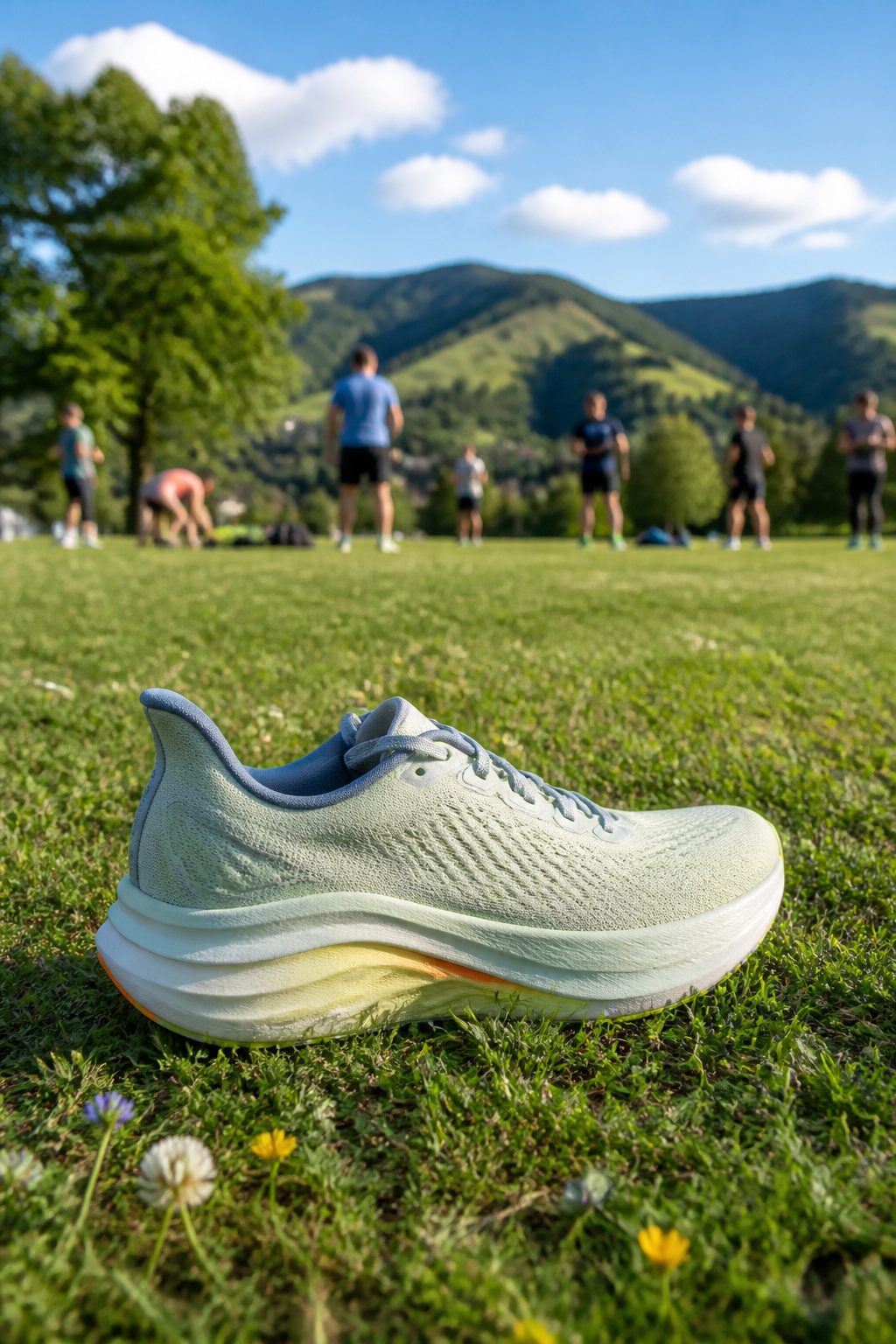 Hoka Clifton Pro positioned on grass in a park setting.