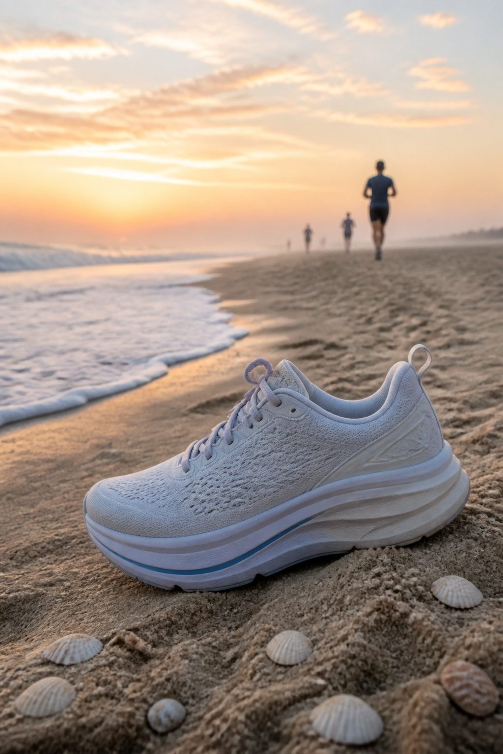 Hoka Bondi 9 displayed in soft sand along a beach.