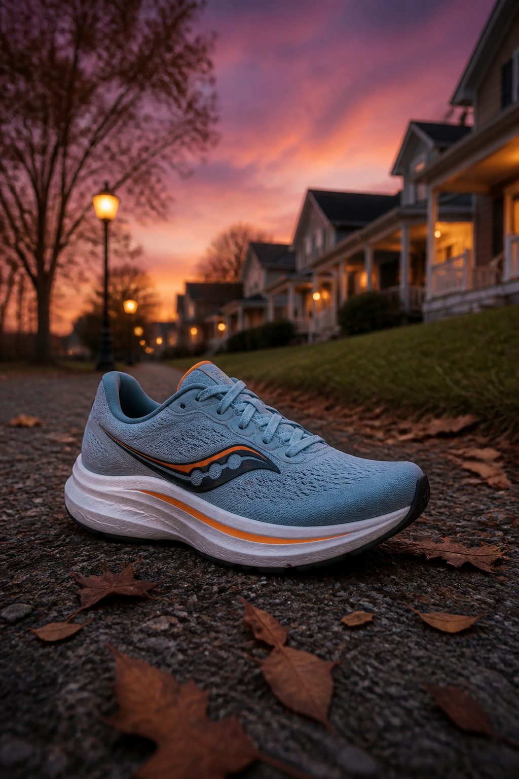Saucony Ride 19 displayed on a lightly gravelled road in a neighborhood.