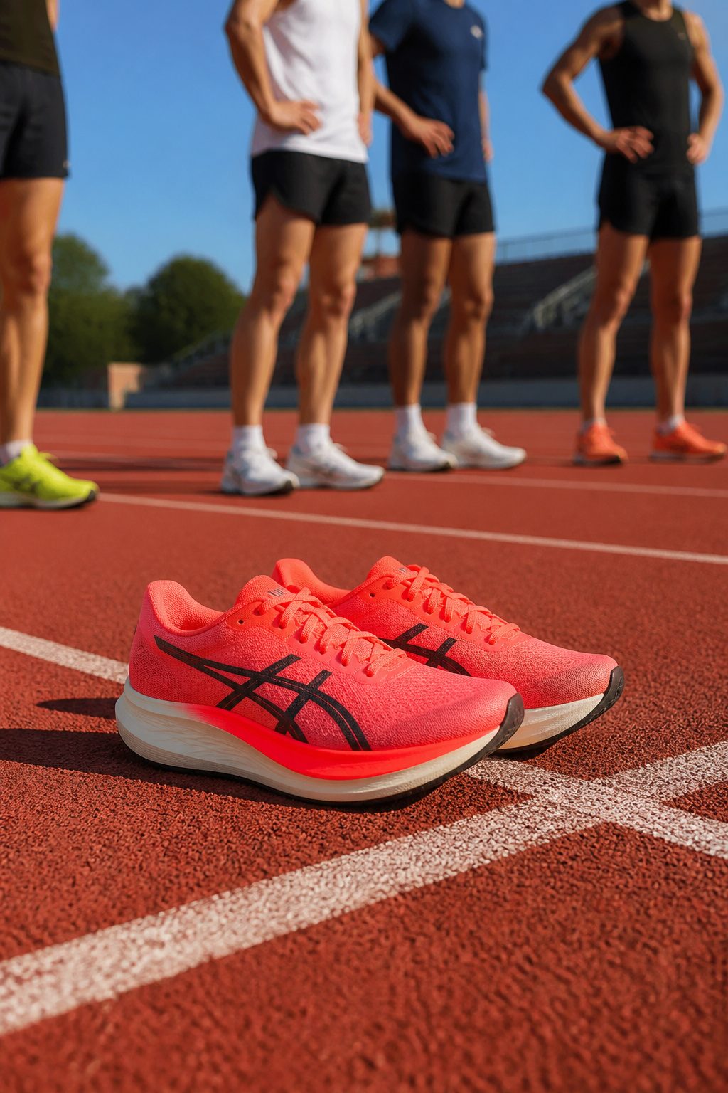 Asics Magic Speed 5 positioned on a bright red athletic track.