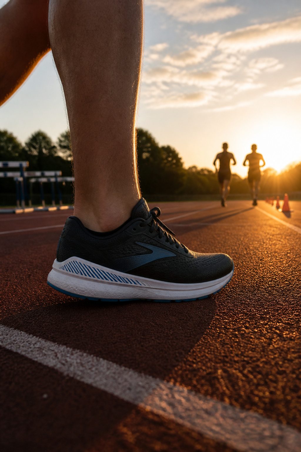 Brooks Adrenaline GTS 25 positioned on a track field.