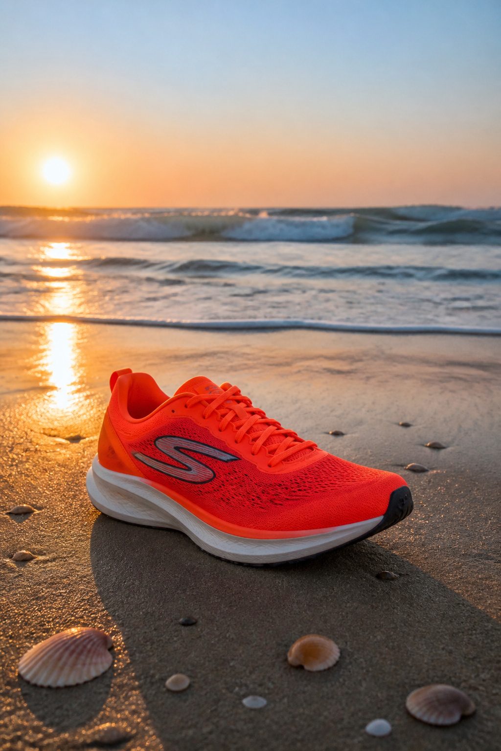 Skechers Aero Razor positioned on damp sand at sunrise.