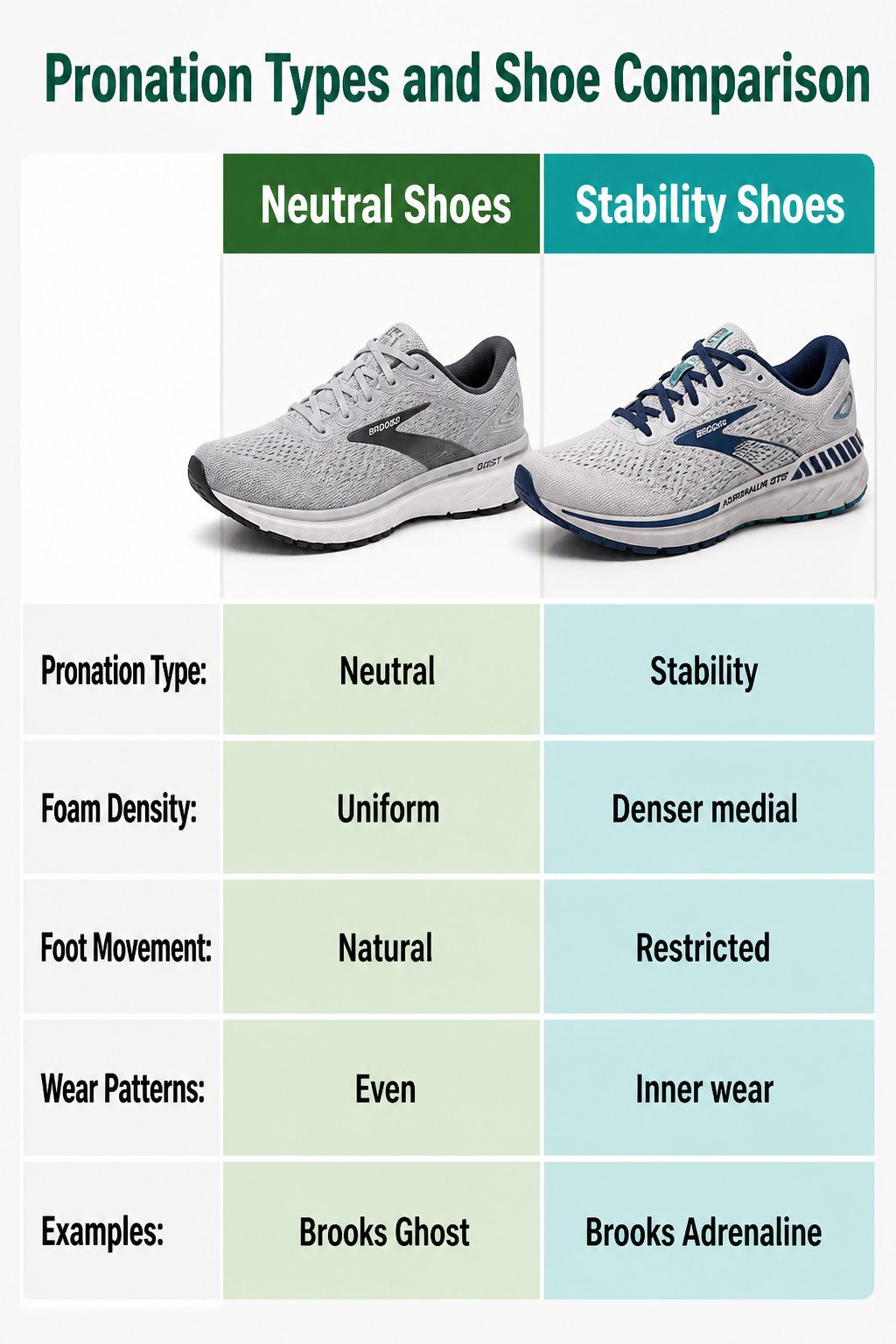 An image detailing pronation types and corresponding shoe types.