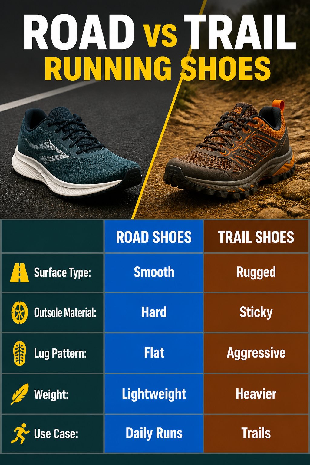 A comparison image of road and trail running shoes.