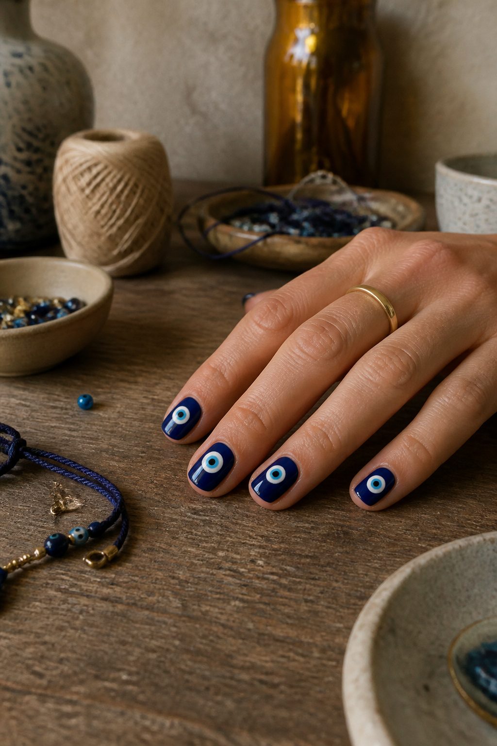 25 Short Nail Ideas for 2026: Designs You Can Actually Try 9 Short nails displaying concentric evil eye motifs in navy and white.