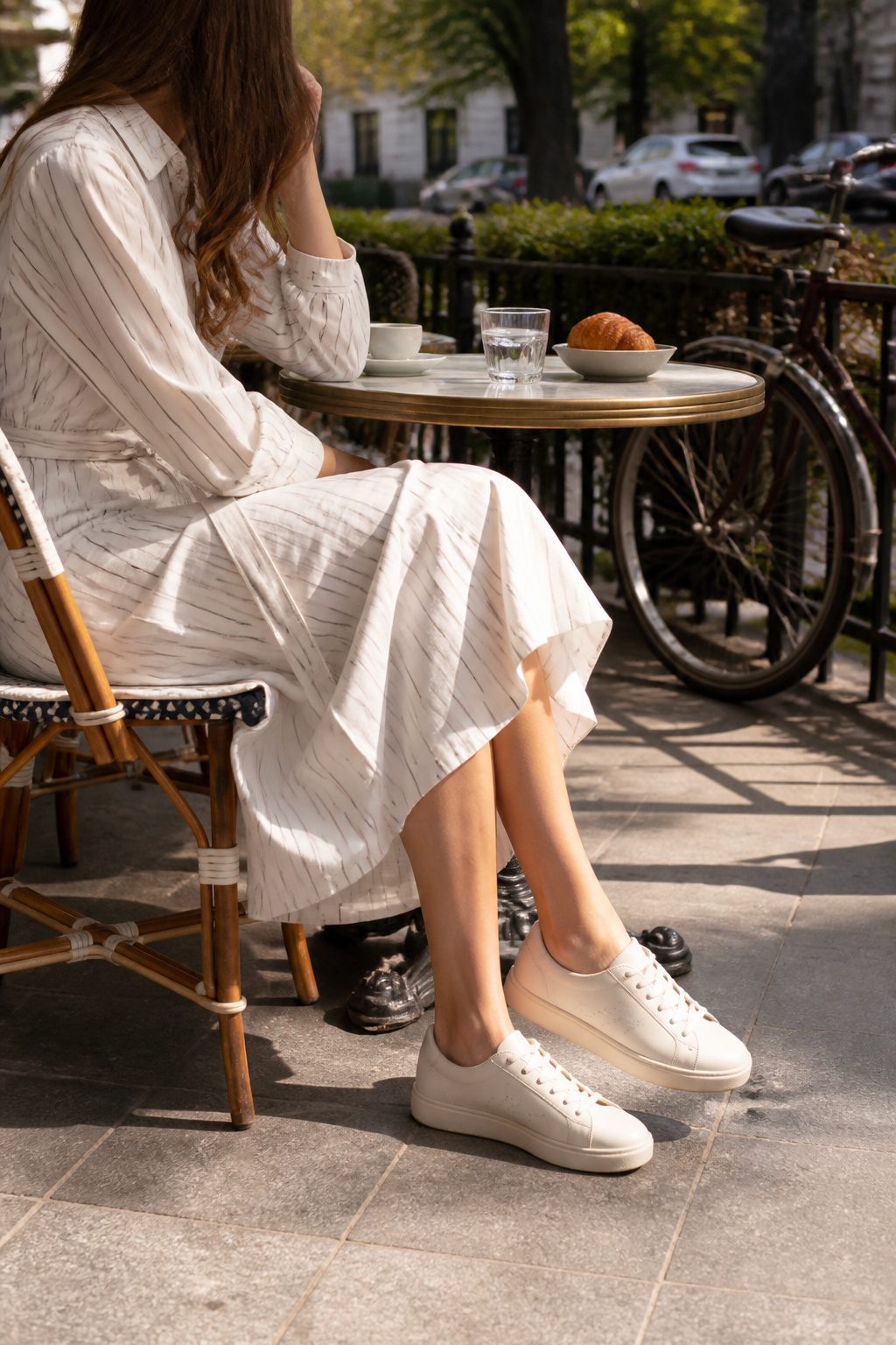 10 Best Sneakers With Dresses for 2026 3 Cole Haan GrandPro sneakers displayed near a model in a shirt dress at a café.