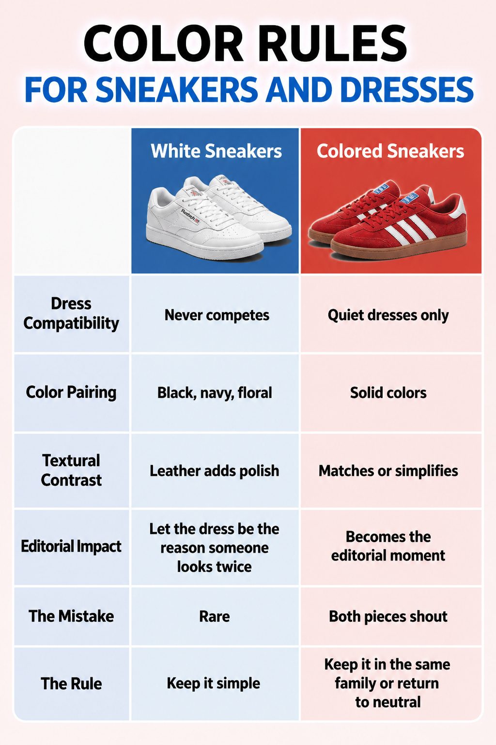 10 Best Sneakers With Dresses for 2026 12 Various colored sneakers and dresses illustrating color pairing rules.