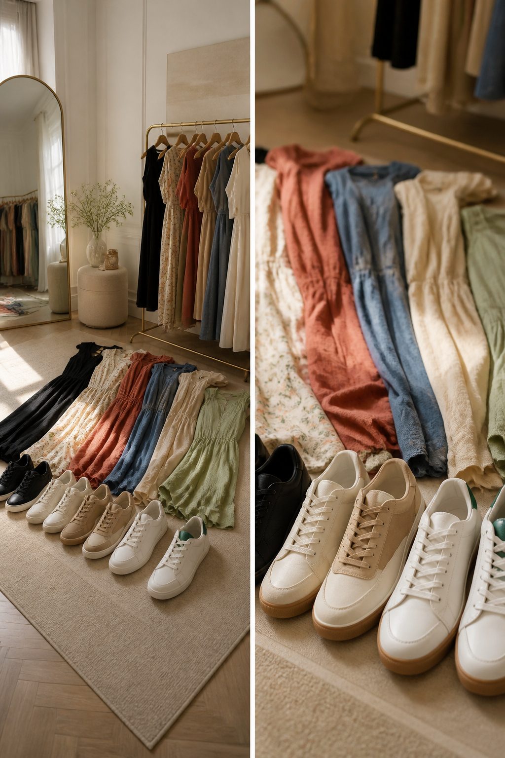 10 Best Sneakers With Dresses for 2026 13 A pair of low-profile sneakers displayed with several dresses.