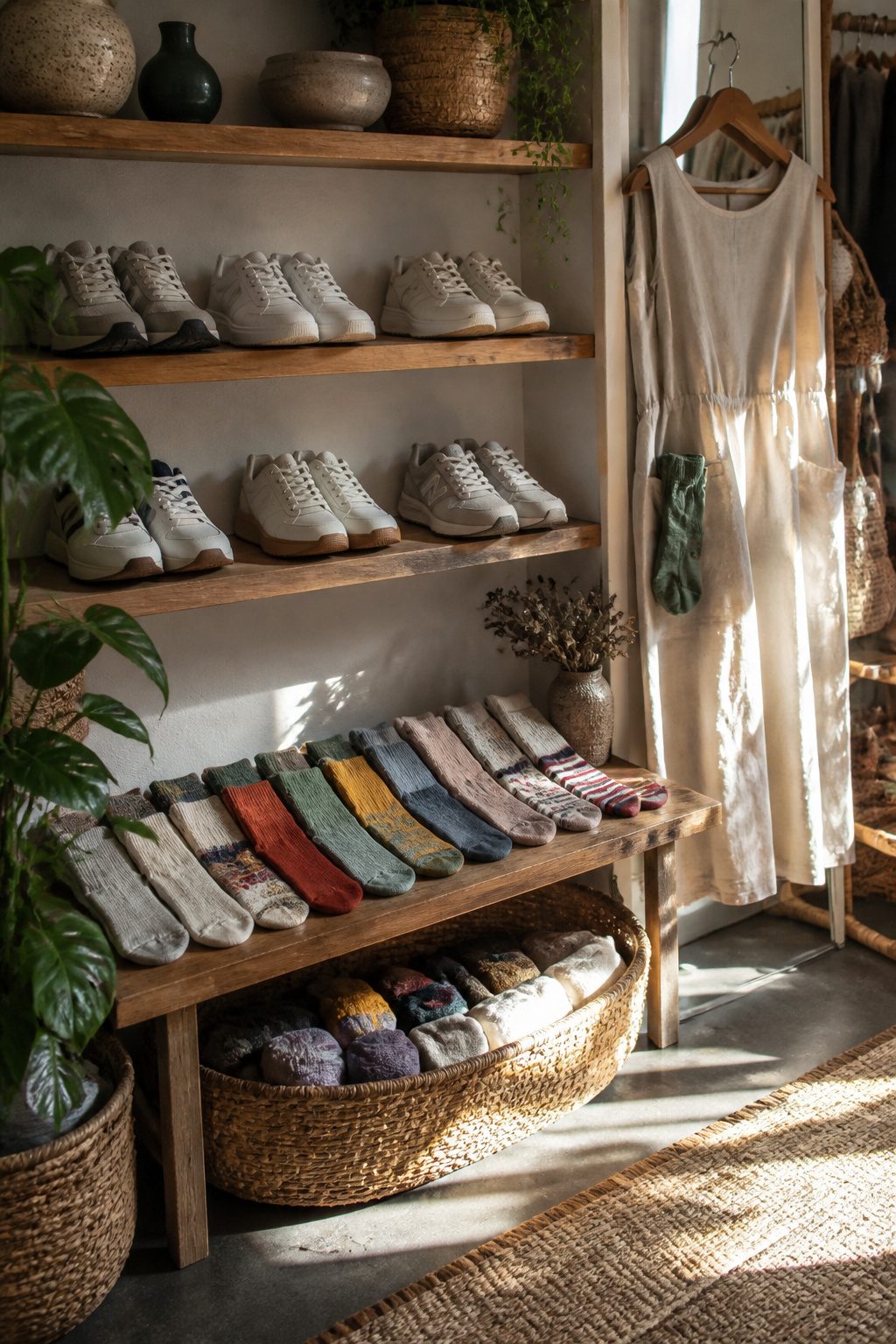 10 Best Sneakers With Dresses for 2026 14 Sneakers and colorful socks arranged on a boutique shelf.