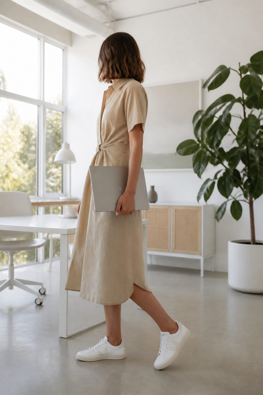 10 Best Sneakers With Dresses for 2026 9 Veja Esplar sneakers displayed alongside a model in a midi dress in an office.
