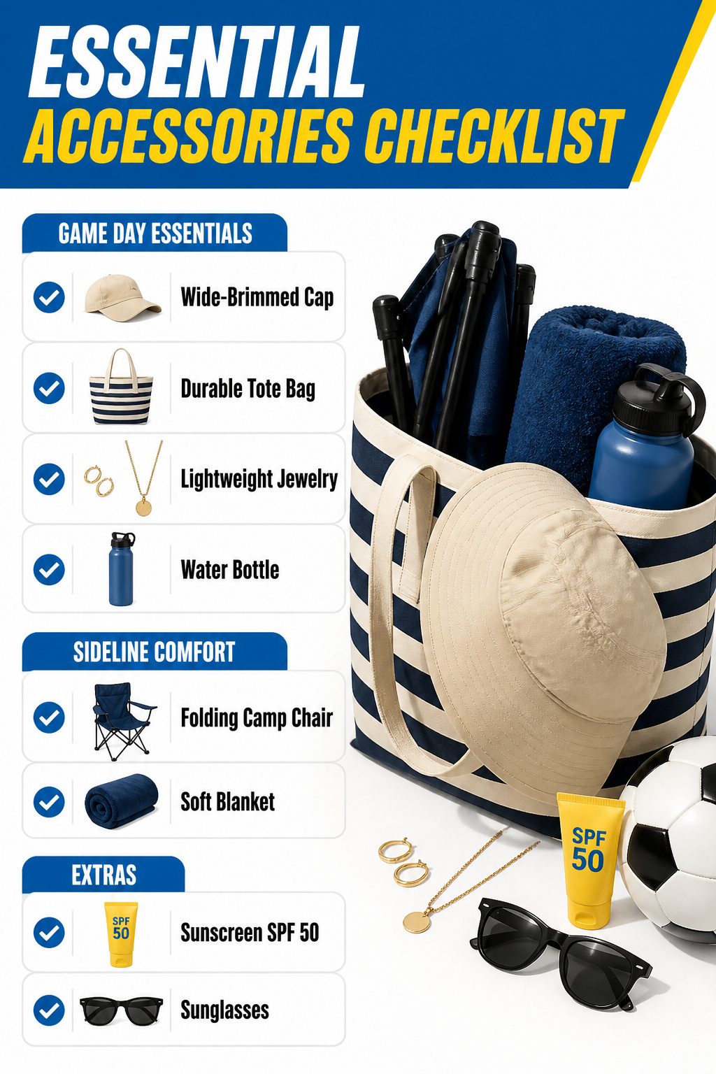 Information graphic listing essential accessories for soccer moms.