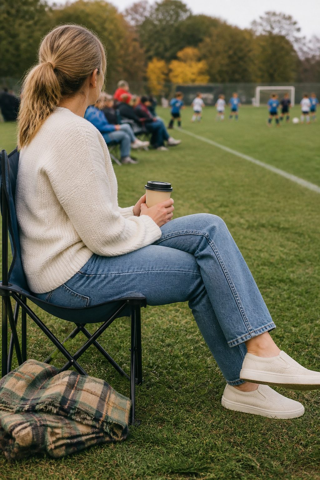 Woman in a crewneck knit and relaxed jeans at a soccer game.