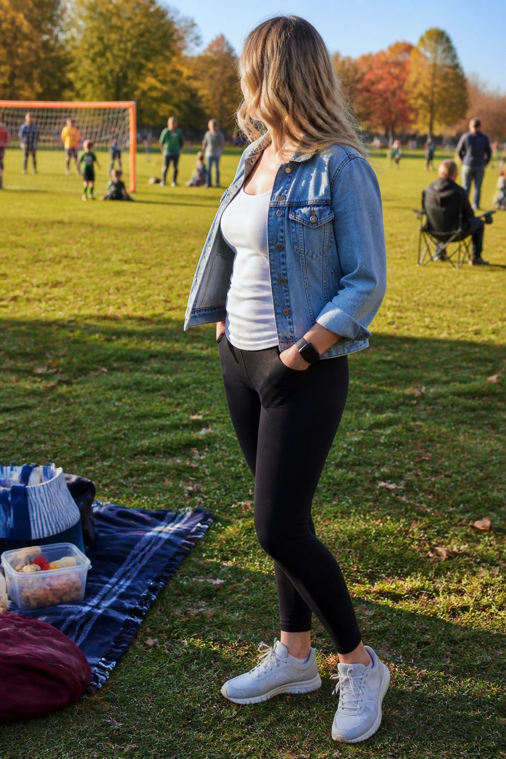 Woman in denim jacket, white tank top, and black leggings at a soccer field.