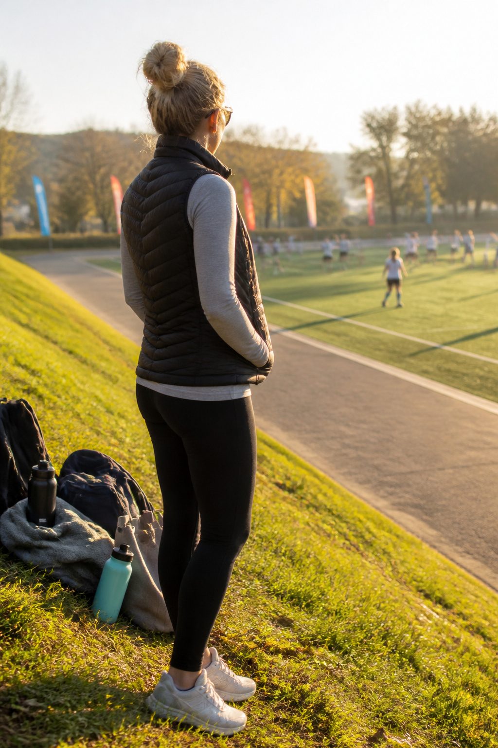 Woman wearing a long sleeve top and quilted vest on a soccer pitch.