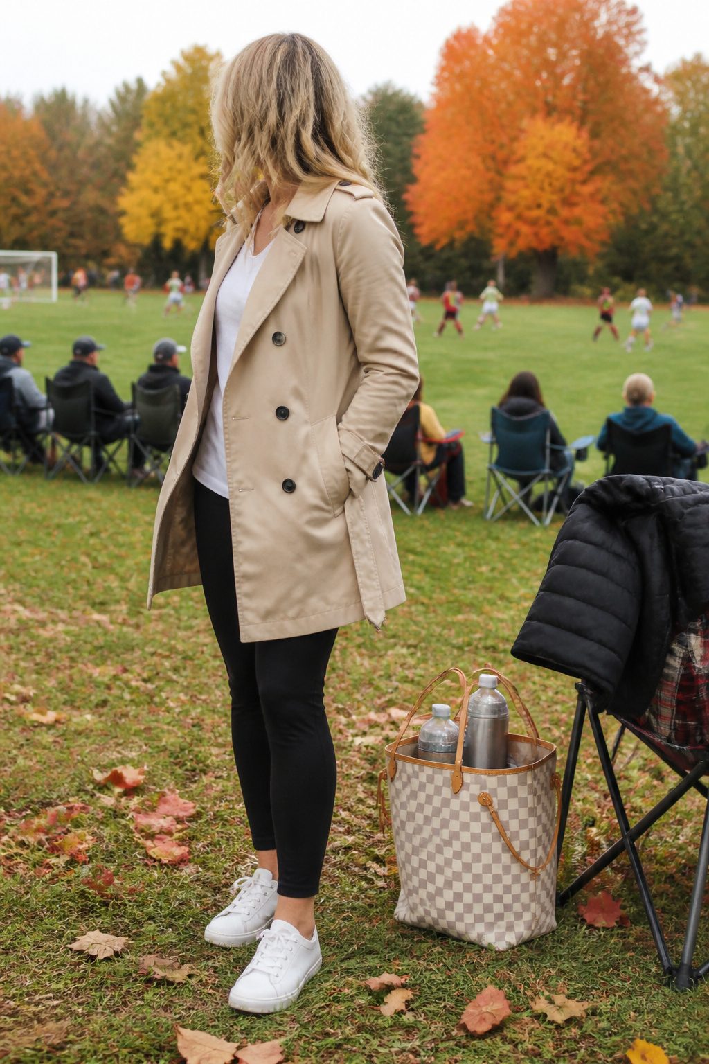 Woman in a trench coat, tee, and leggings at a park.