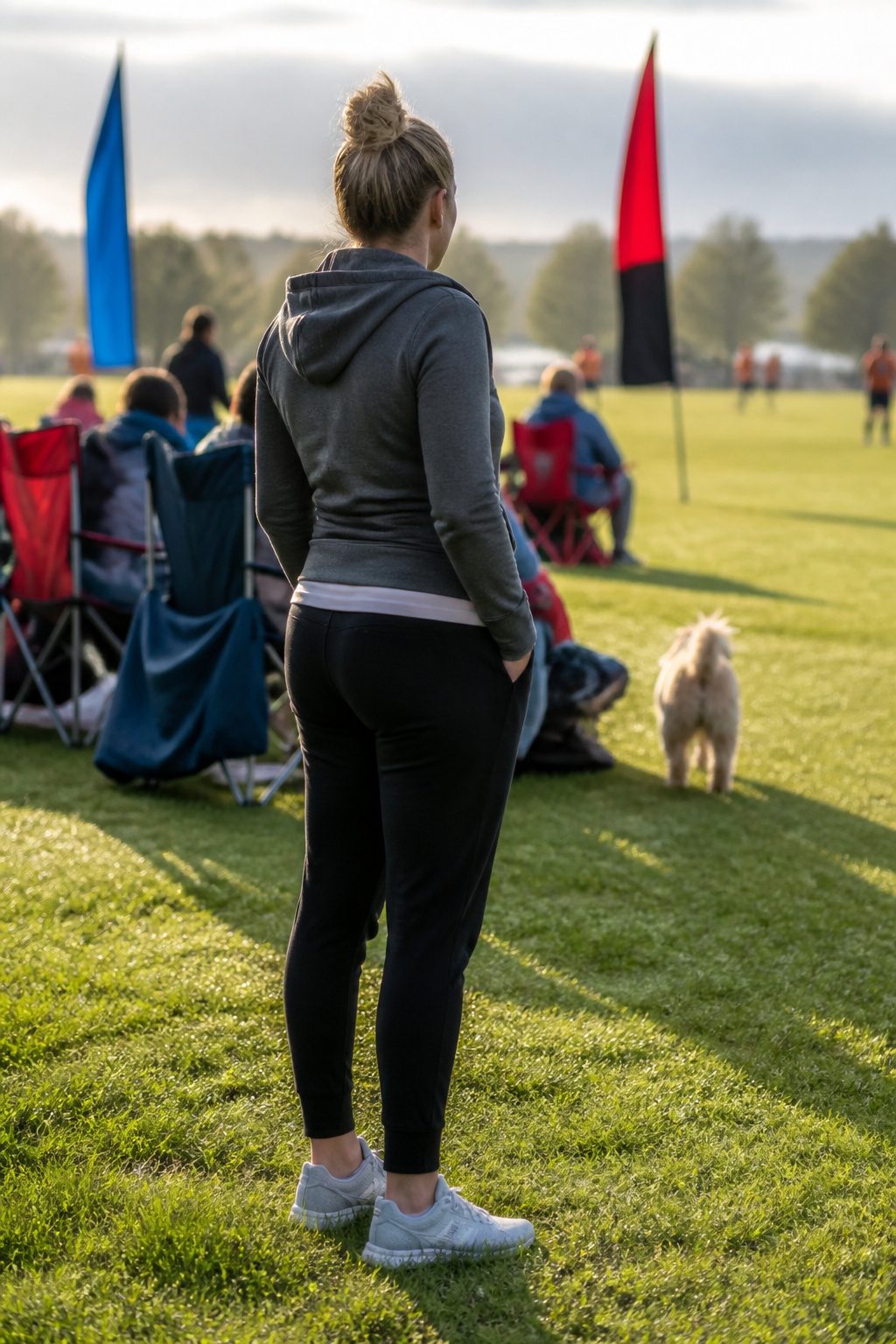Woman wearing a zip-up hoodie and joggers on a chilly soccer morning.