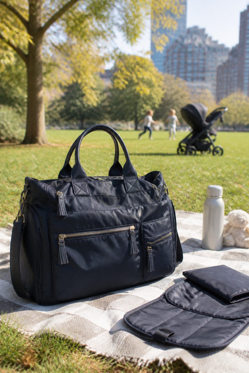 Structured nylon baby bag with labels and included changing kit.