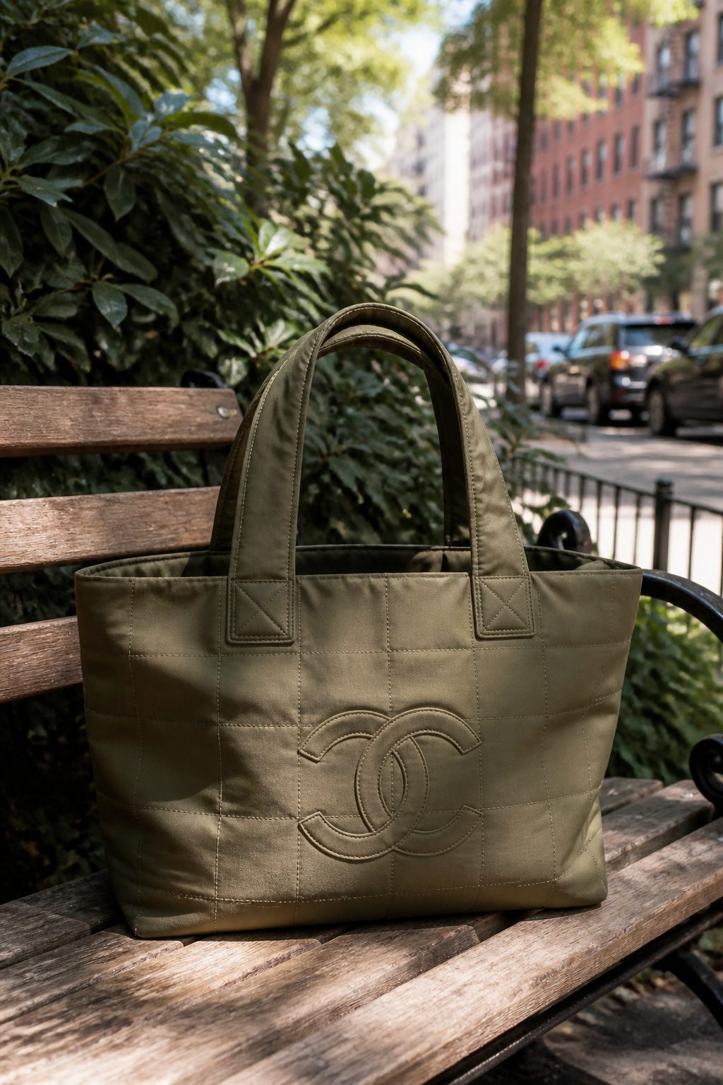 Vintage Chanel nylon tote bag in army khaki color.