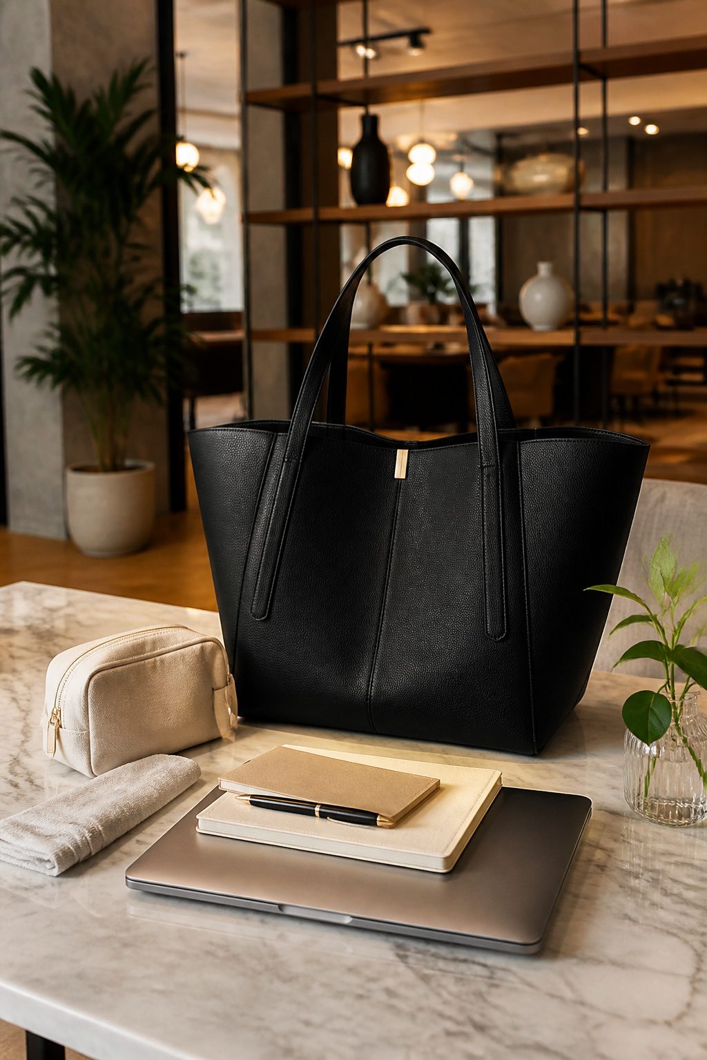 Structured leather tote bag on a marble table in a co-working space.