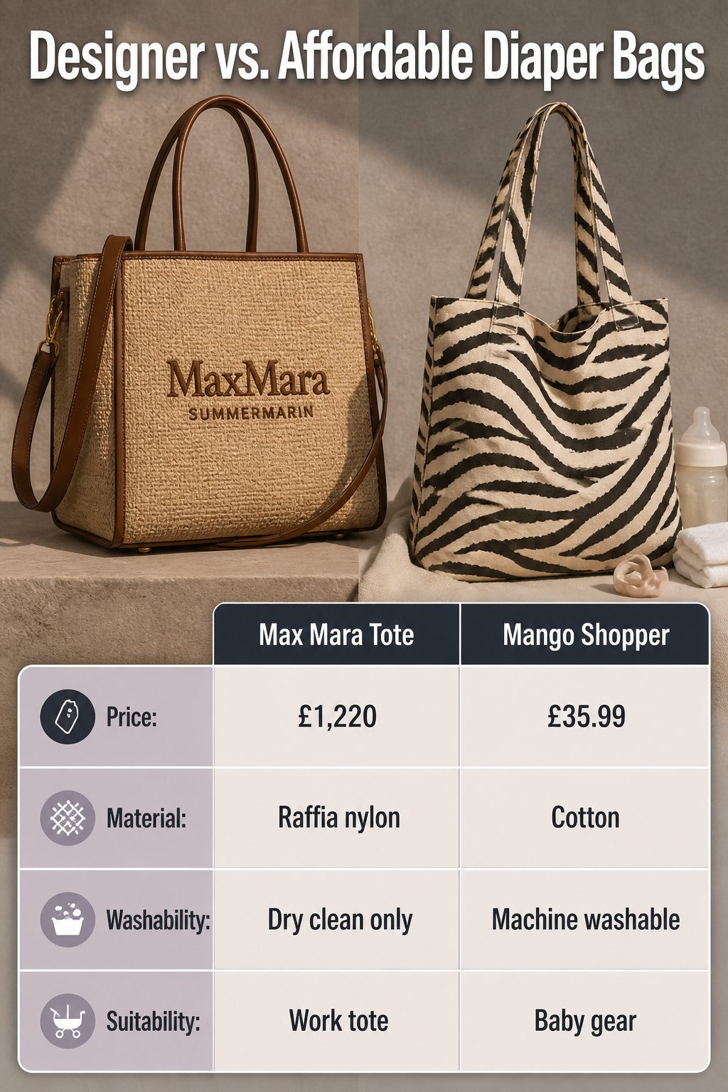 Comparison image of designer and affordable diaper bags.