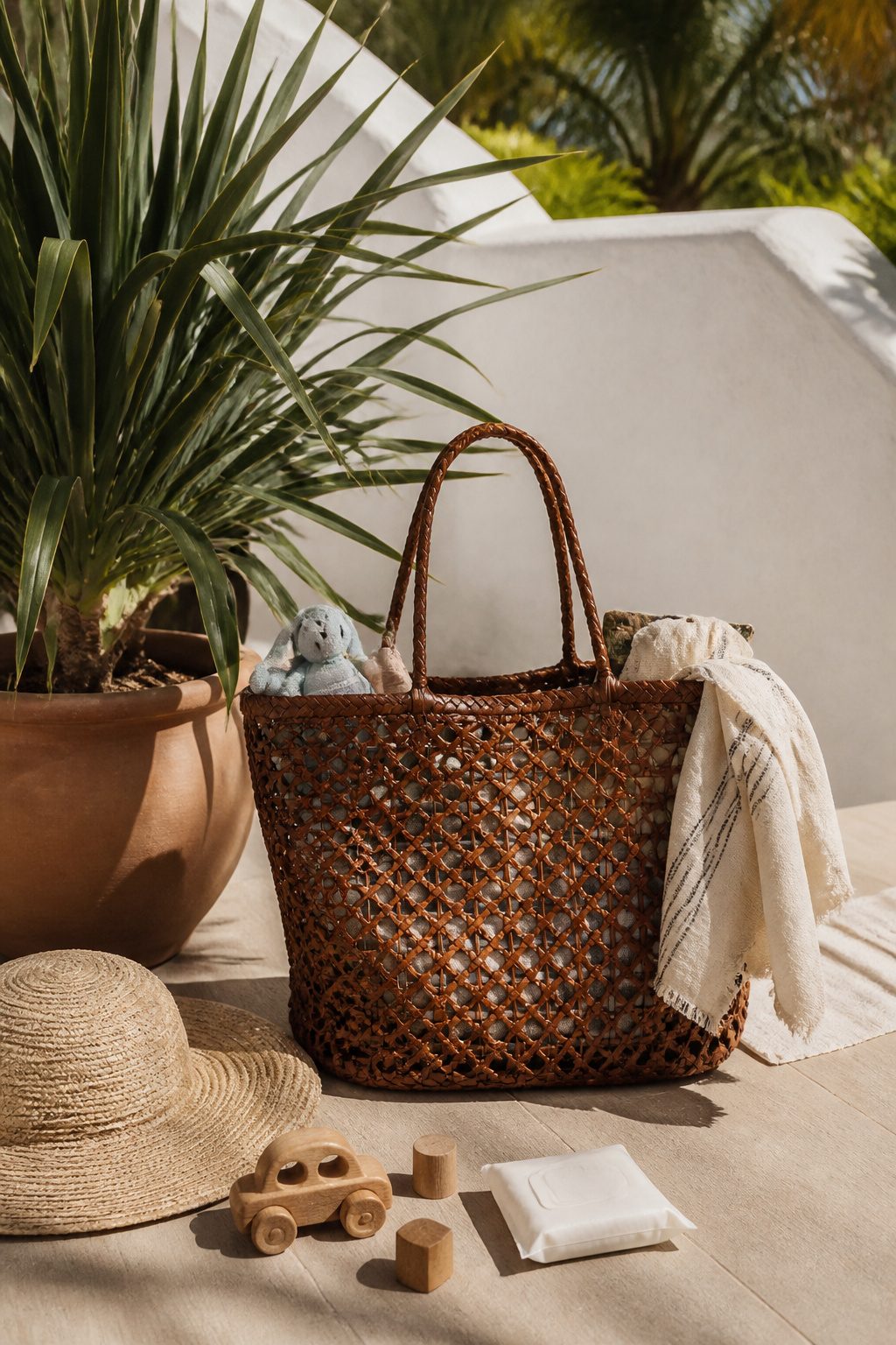 Woven leather tote bag on a sunlit terrace next to a plant.