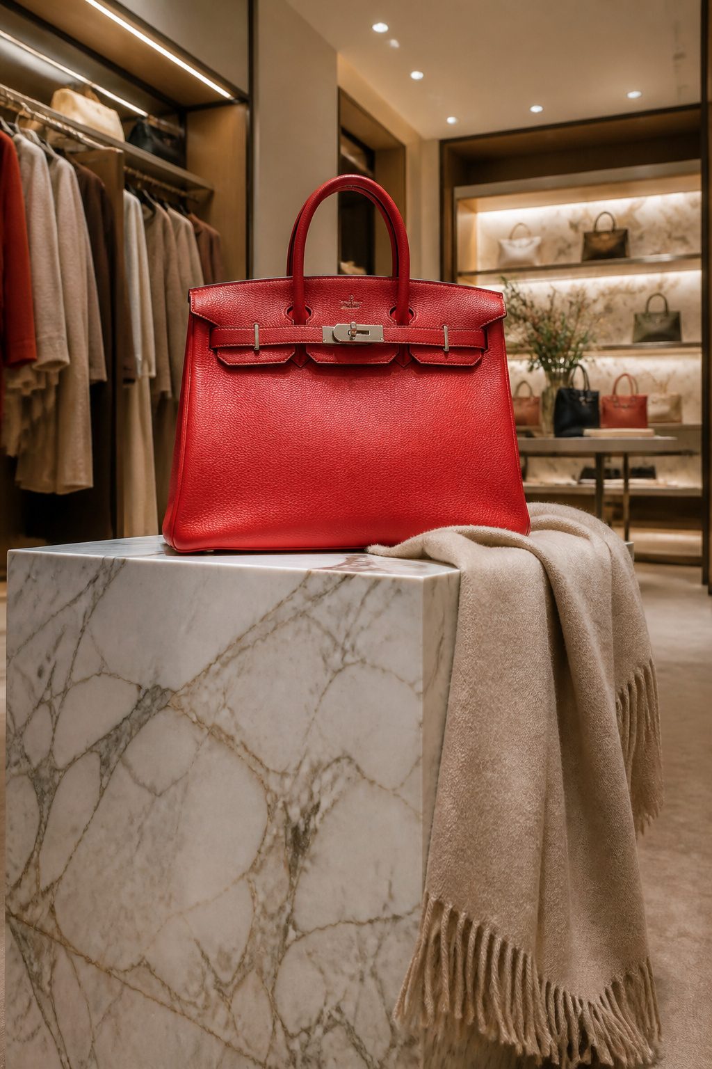 Luxury red Hermès Birkin bag with an open-top design.