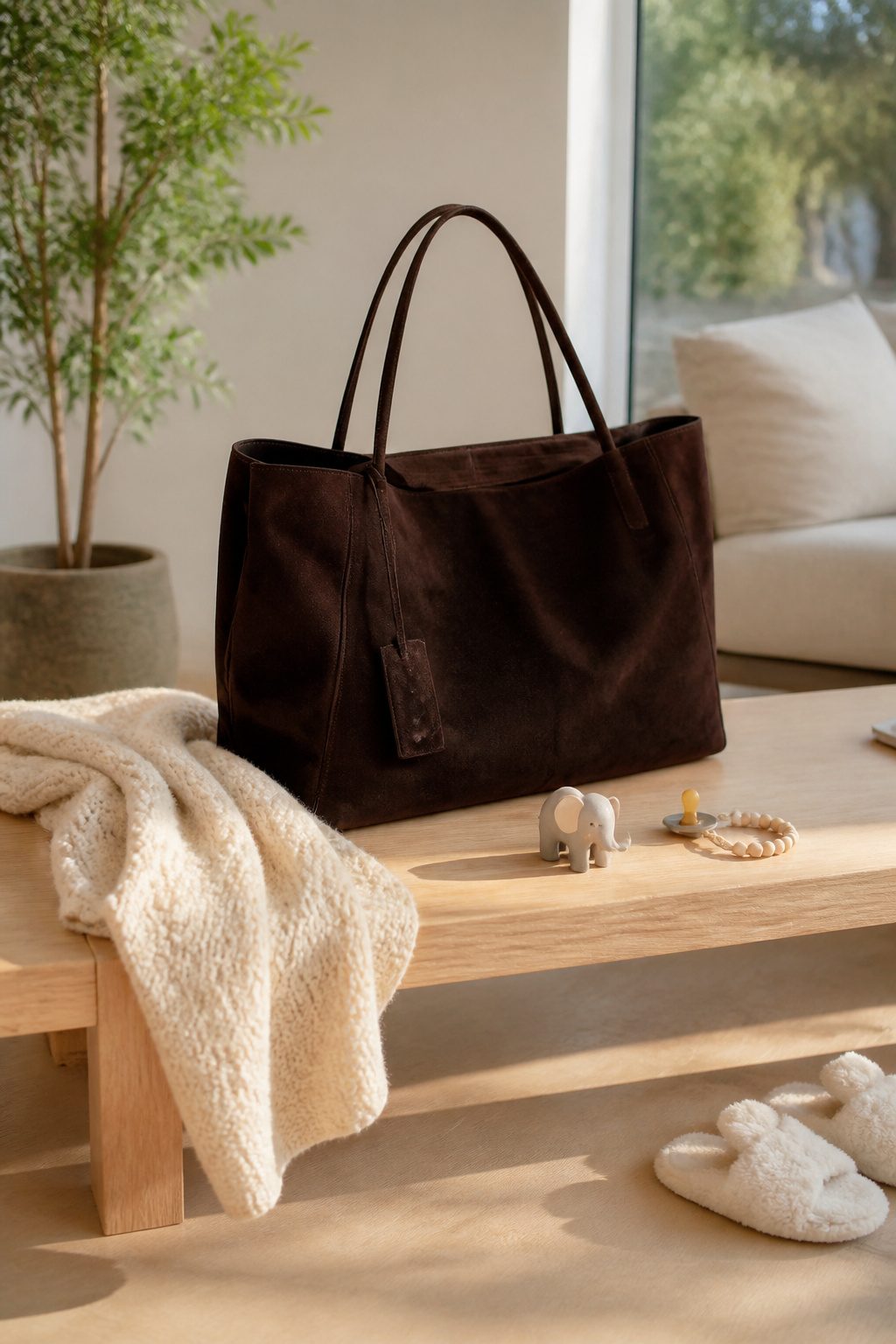 Dark brown suede tote bag on a Scandinavian-style bench.