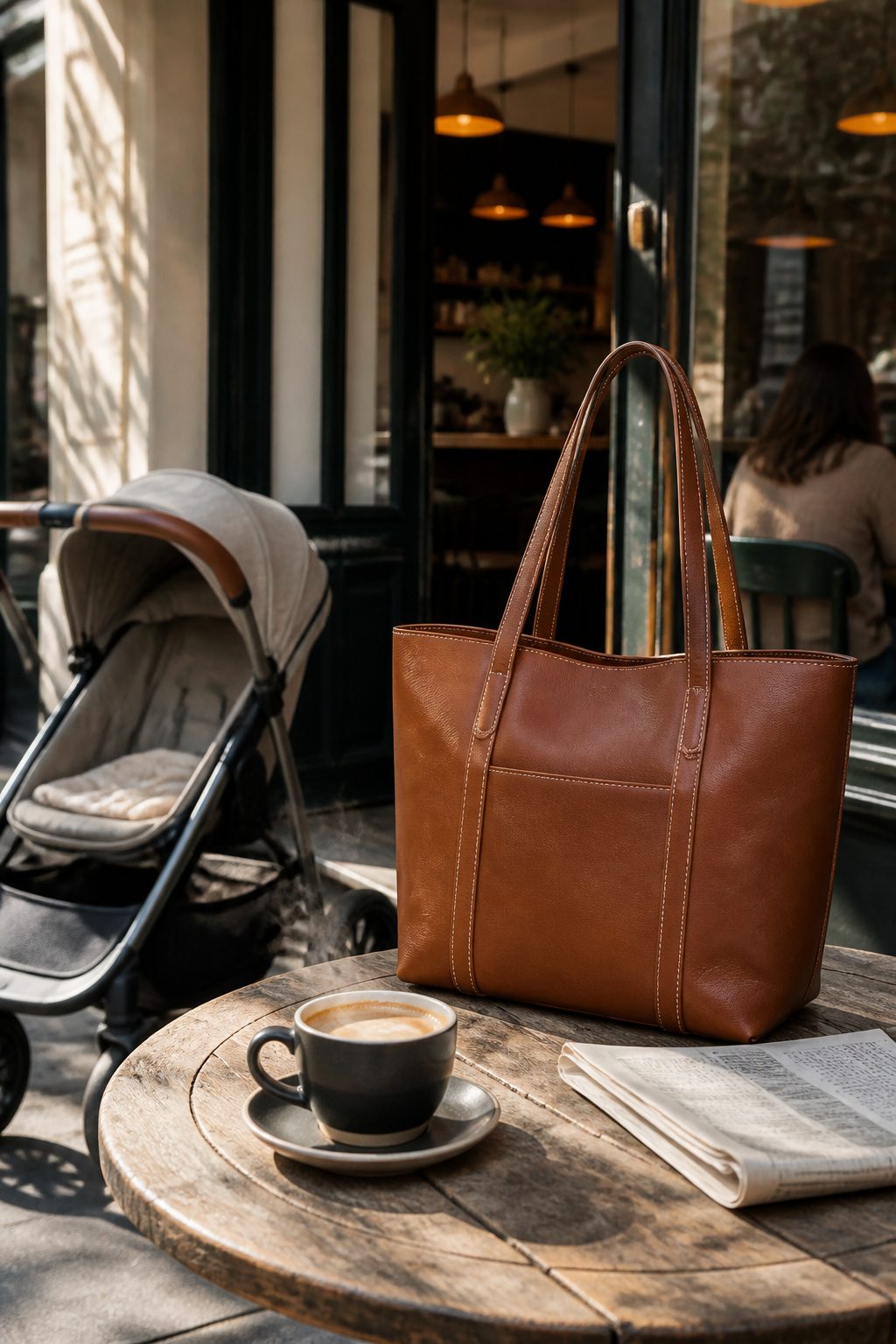 Tobacco brown leather shopper bag on a rustic café table.