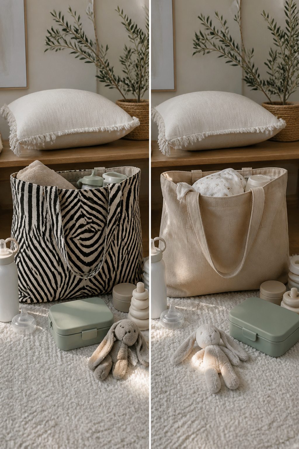 Zebra-print cotton tote bag displayed on a table.