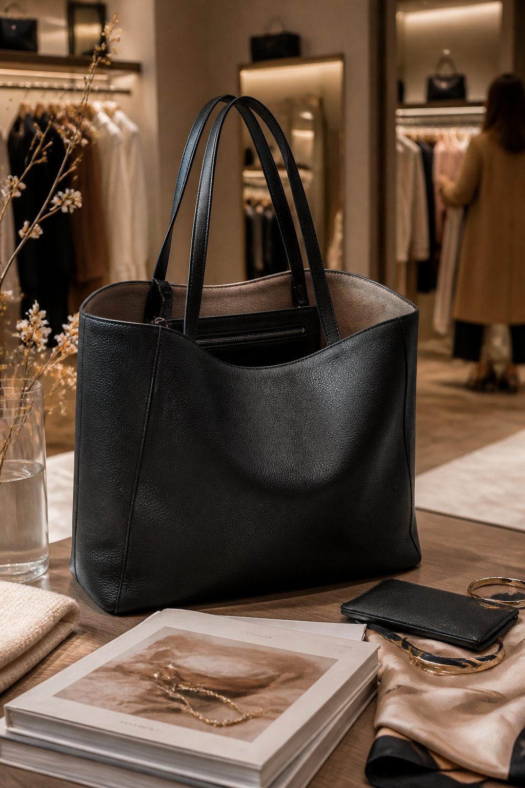 Sleek black leather tote bag displayed in an upscale boutique.