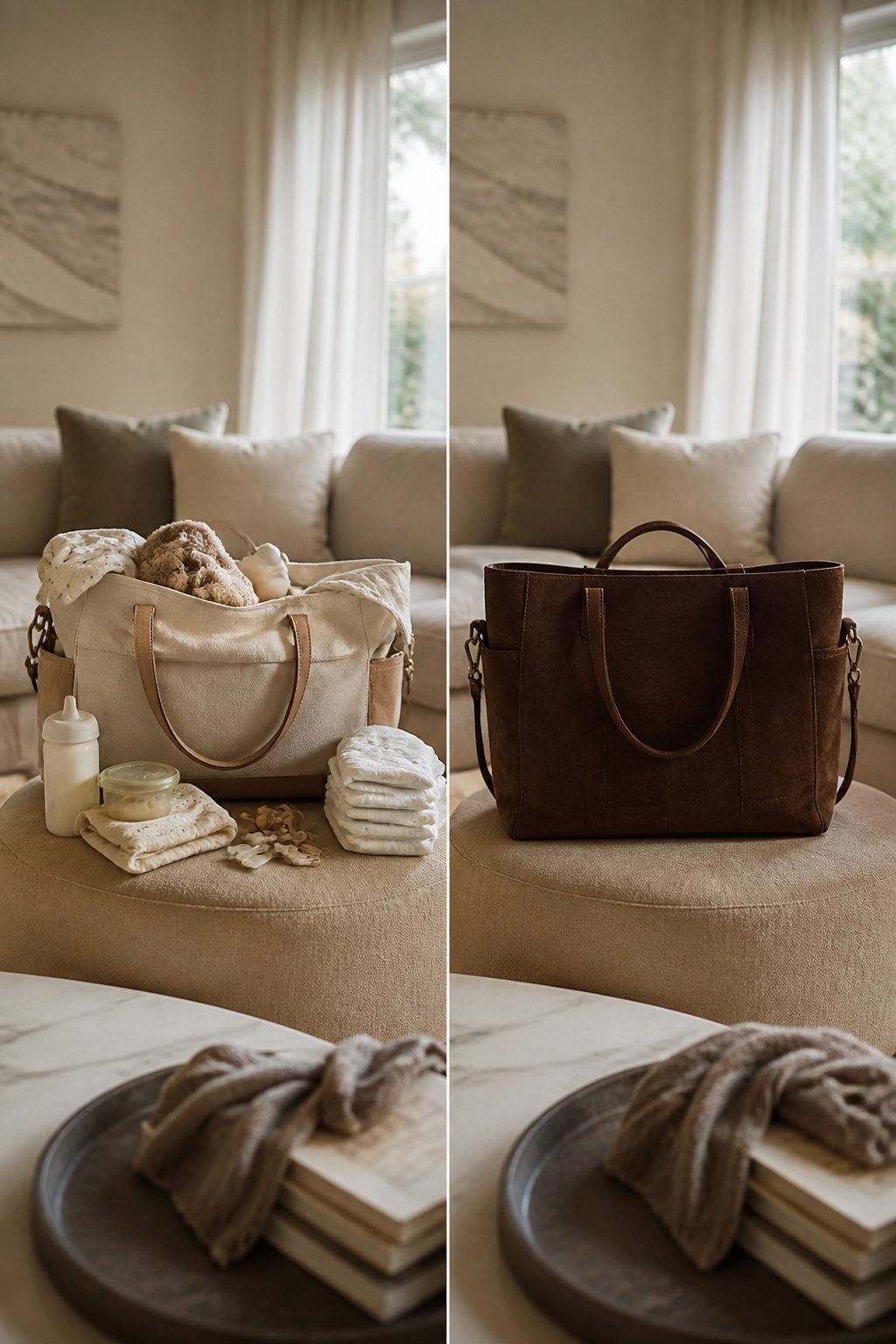 Chocolate brown suede tote bag with an open top.