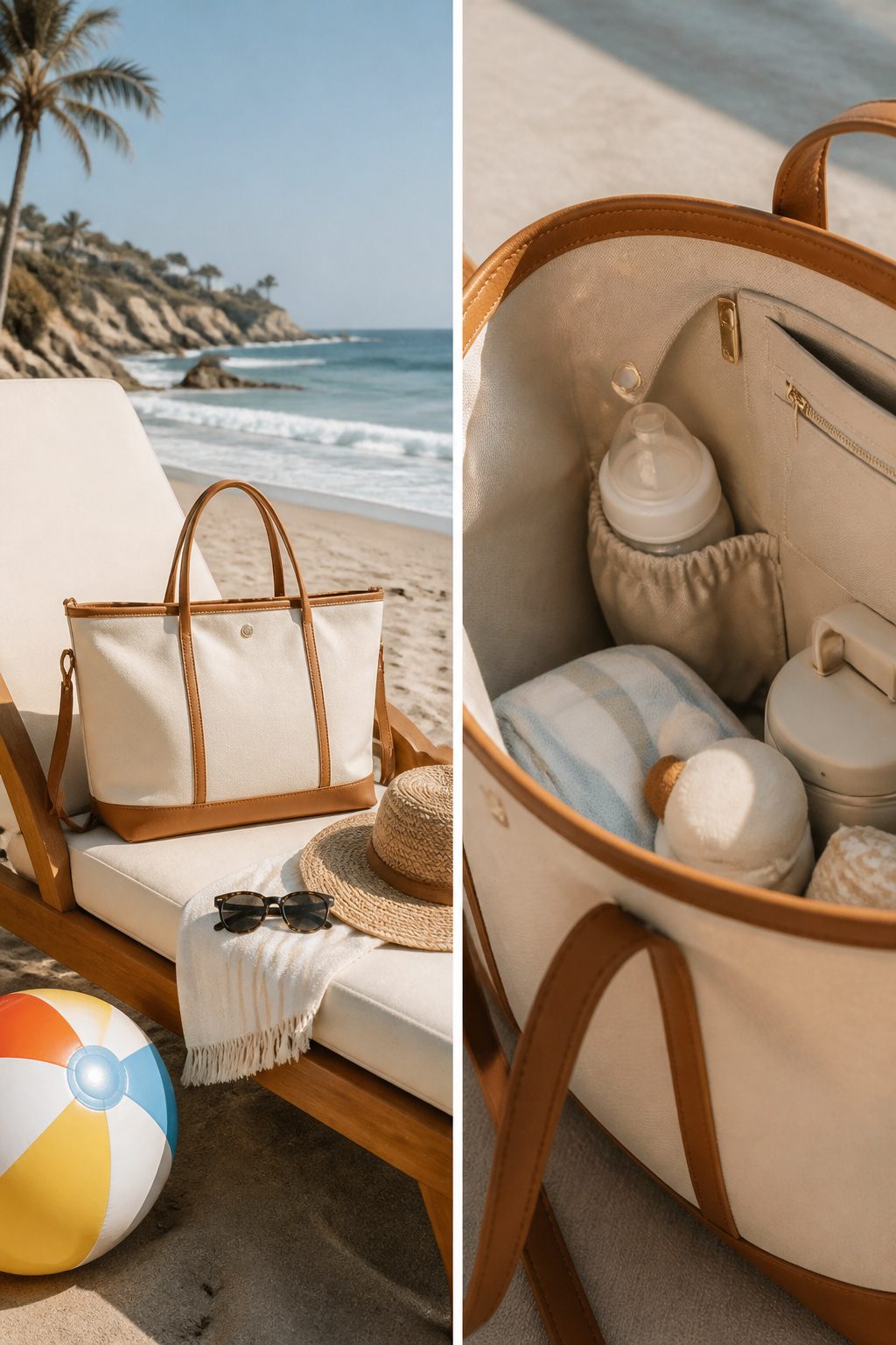 Leather and canvas tote bag with structured design and leather trim.