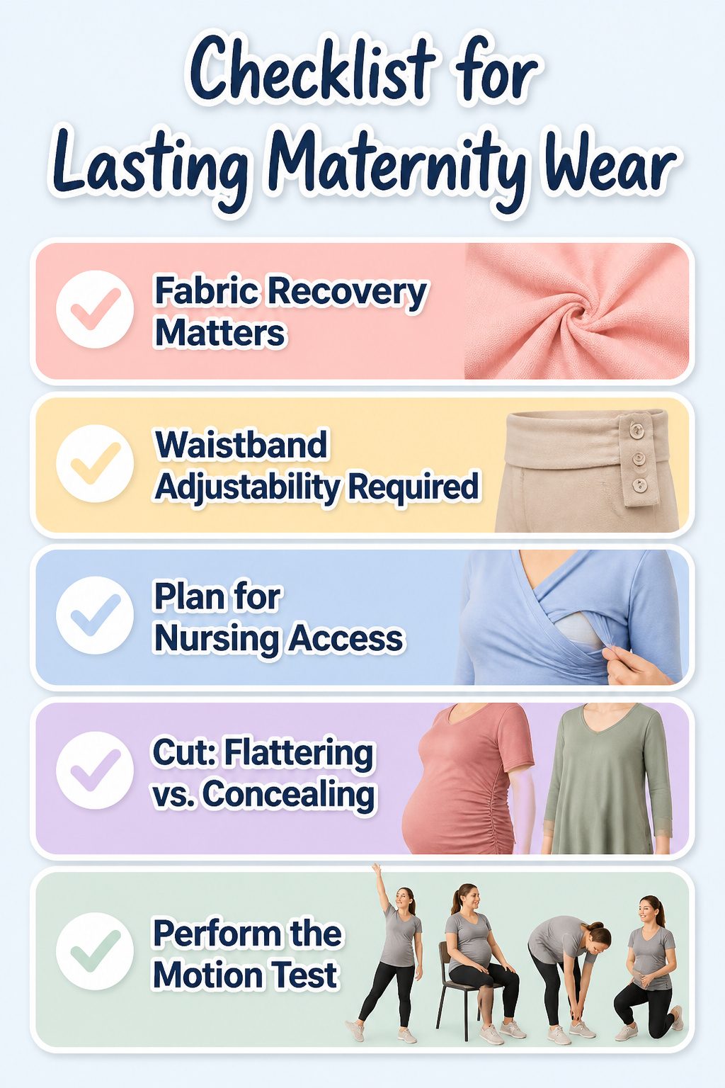 Checklist for durable maternity clothing options.