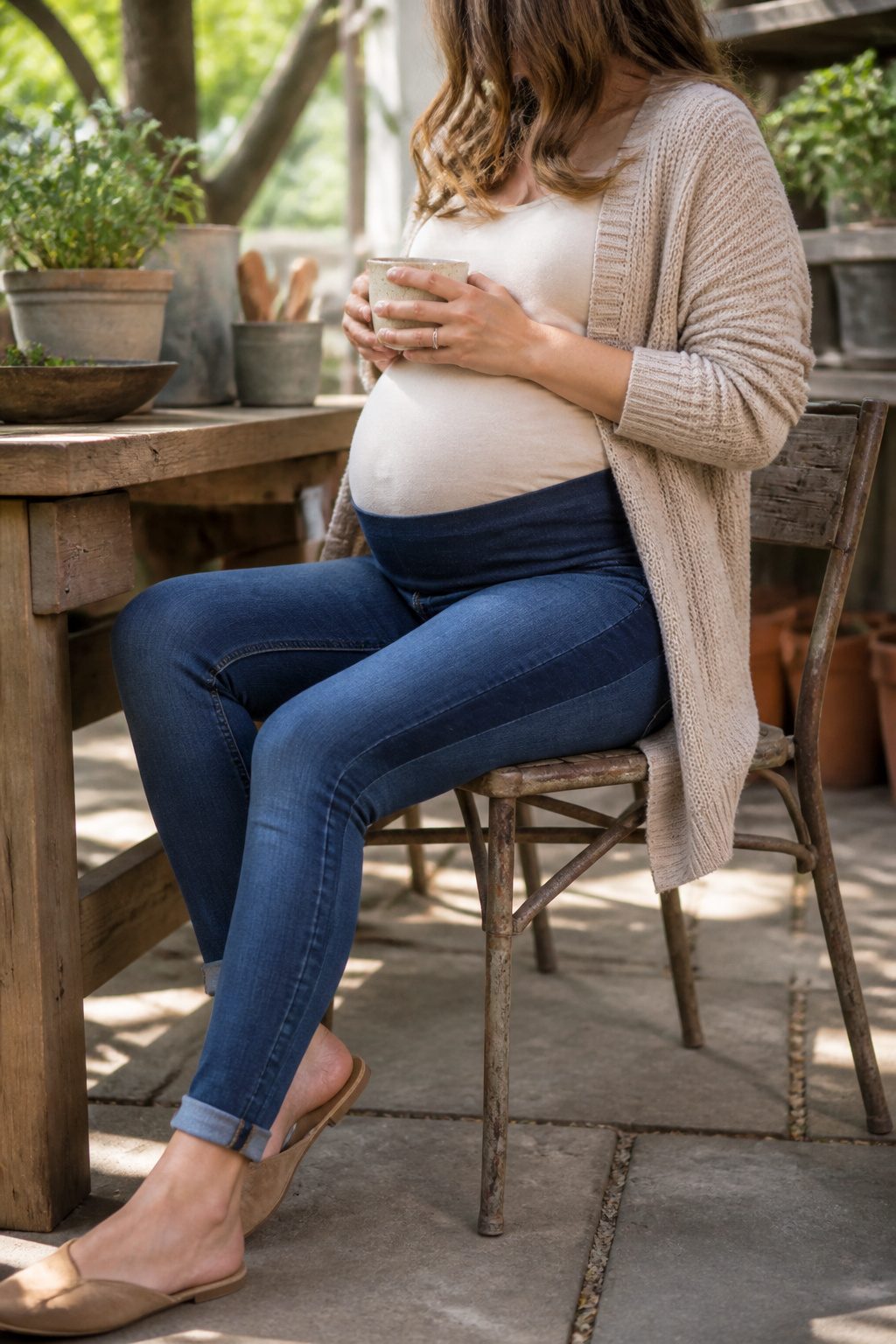 Pregnant woman sitting in maternity skinny jeans at an outdoor café.