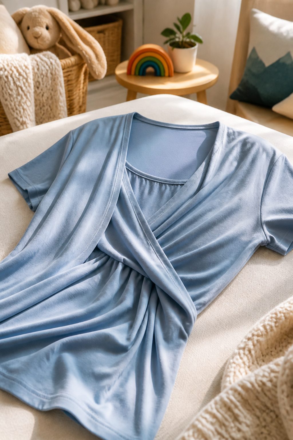 Close-up of a wrap nursing top on a soft surface.