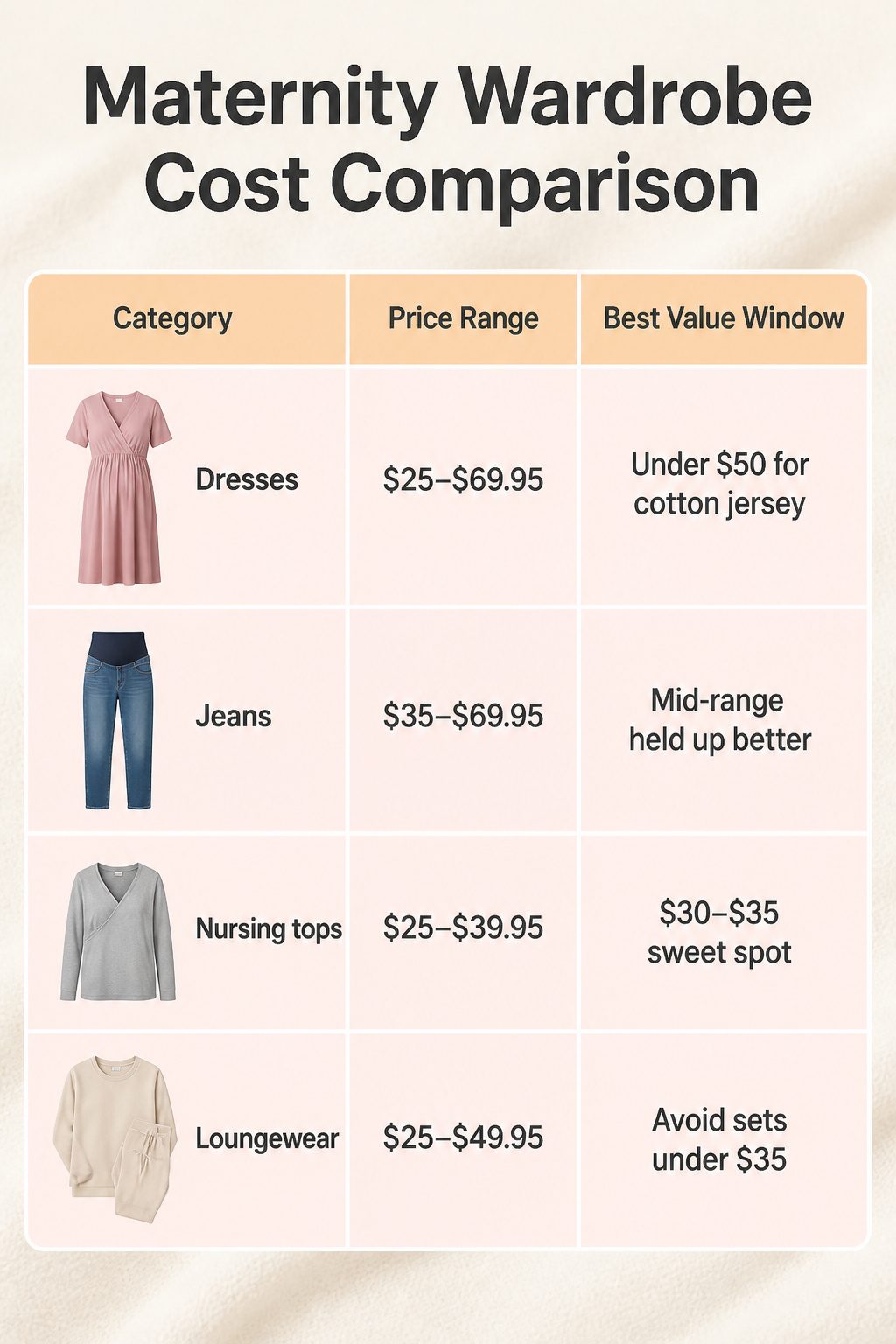 Table comparing costs of maternity clothing categories.
