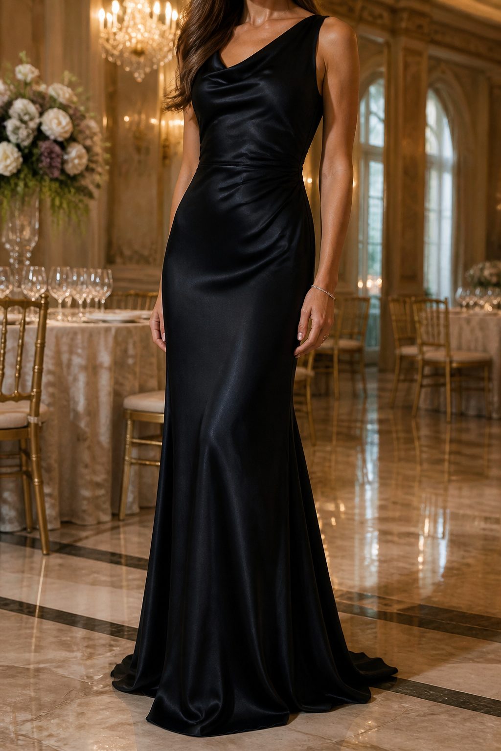 Floor-length black tie dresses made of silk in elegant styles.