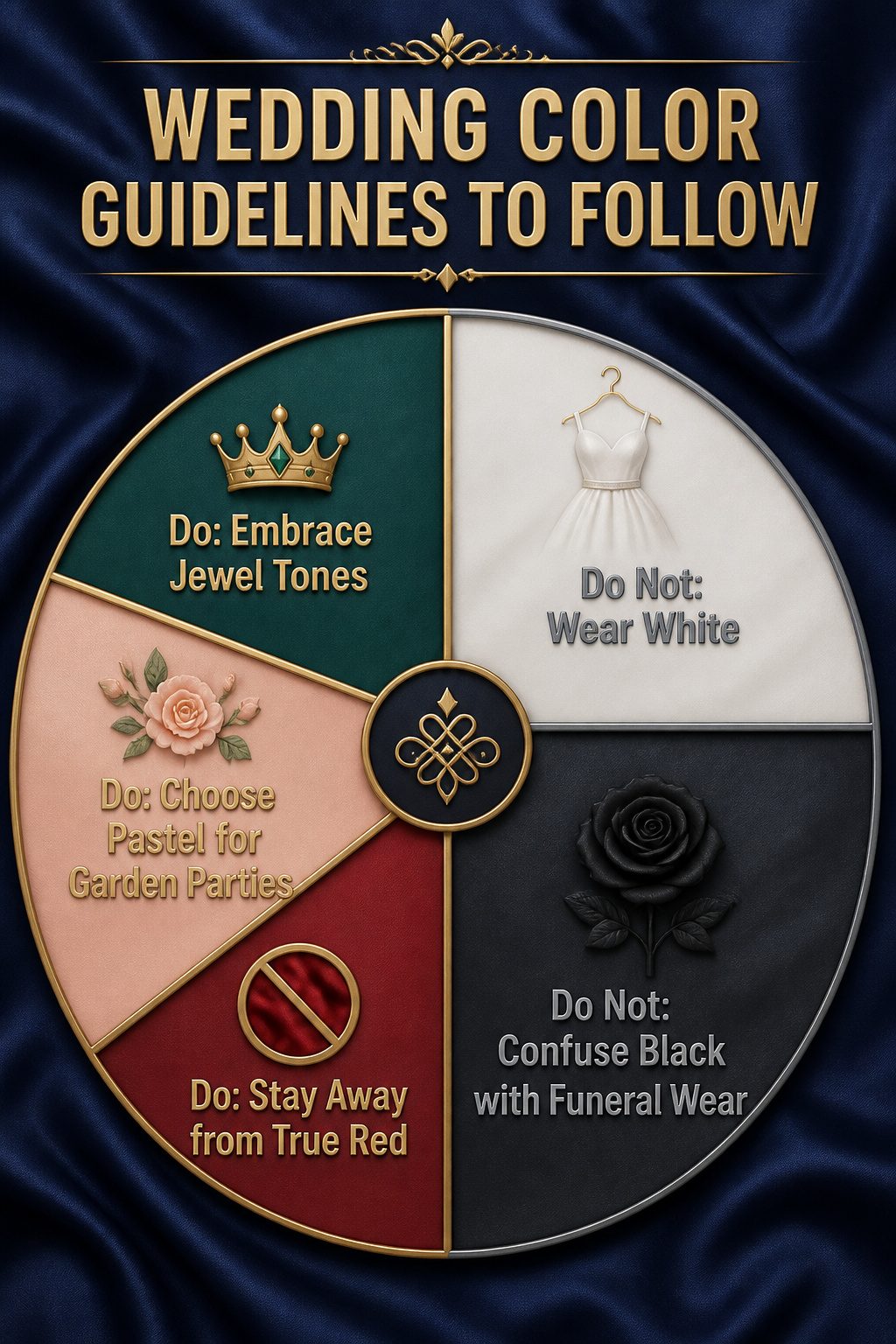 Graphic outlining color rules for wedding attire.