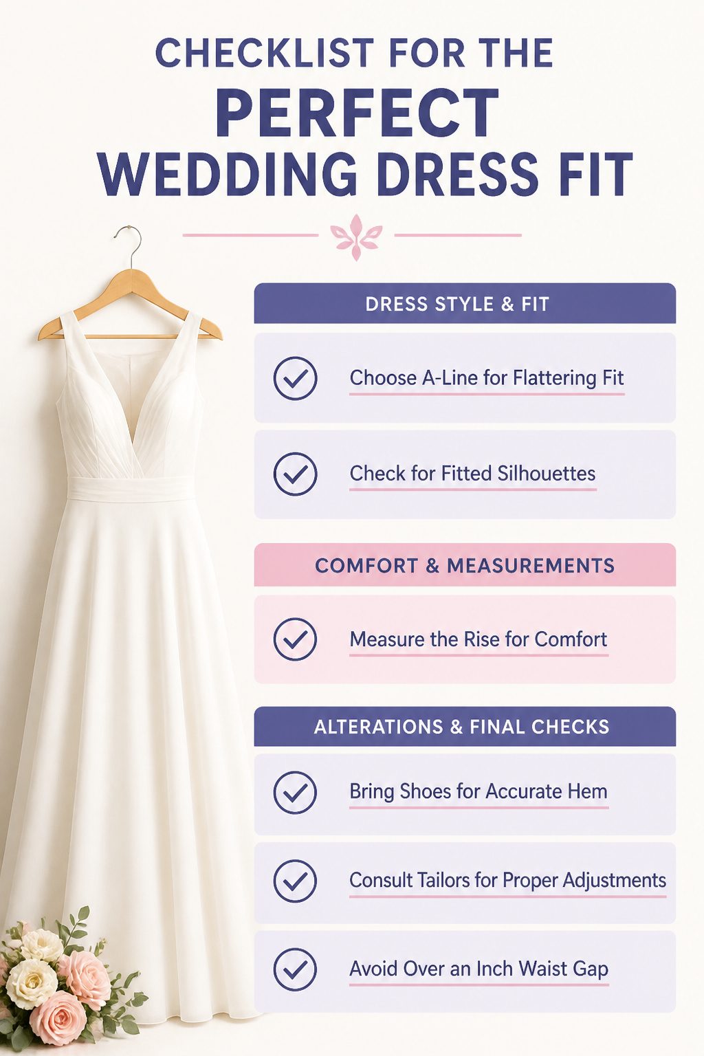 Checklist for achieving the perfect fit in wedding guest dresses.