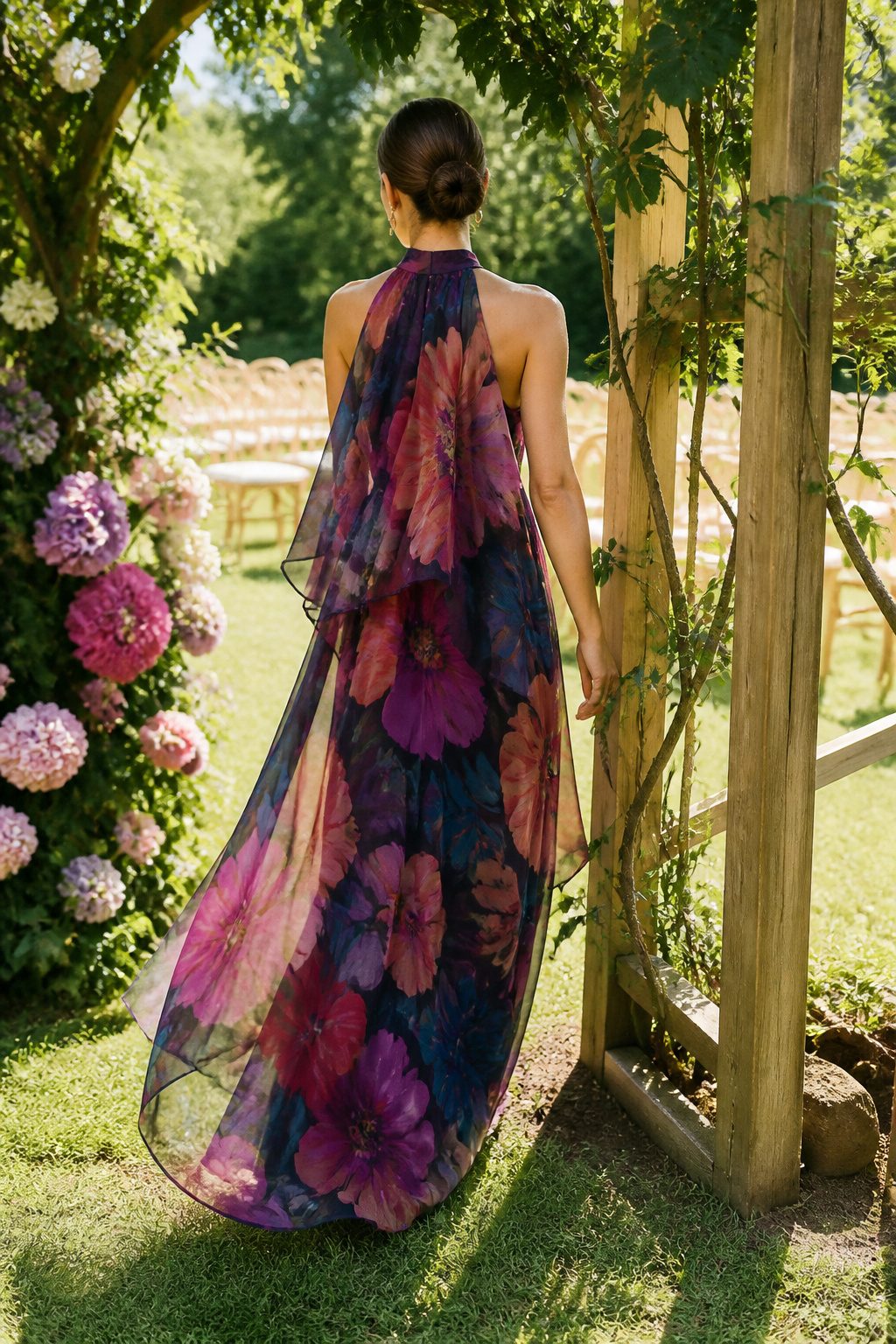 Floral print silk chiffon dress displayed in a garden setting.