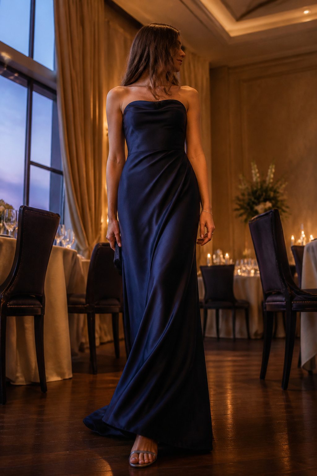 Floor-length silk dress displayed in an elegant setting.