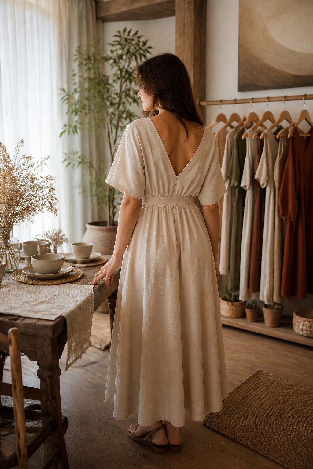 Organic cotton dress shown in a bohemian-inspired decor.