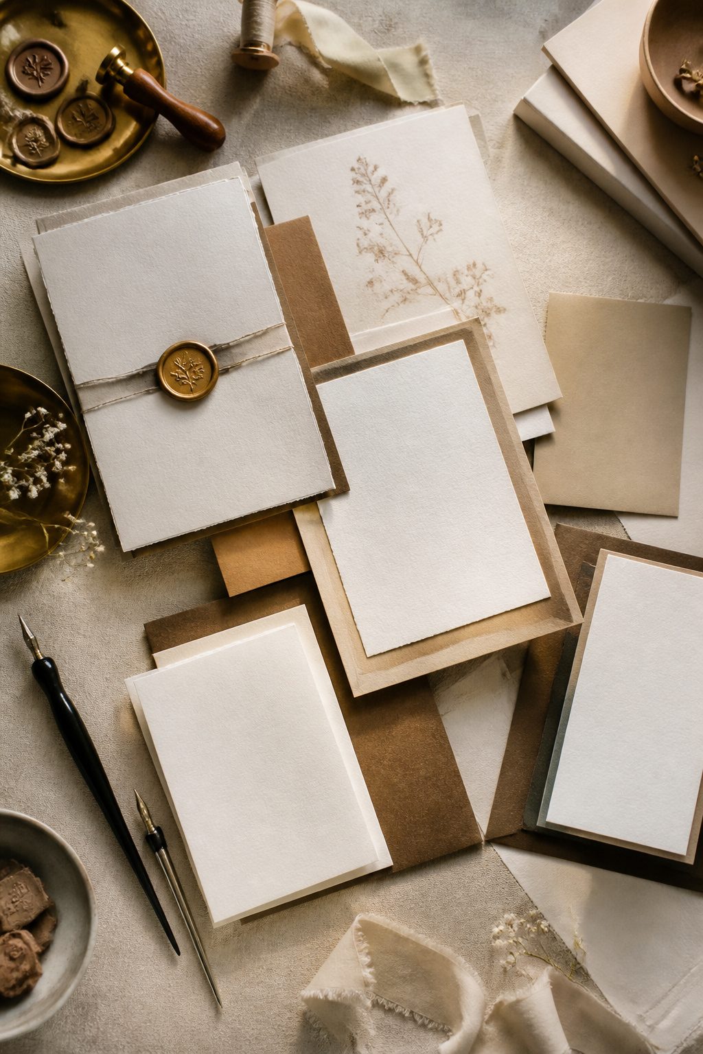 A collection of wedding stationery items displayed together.