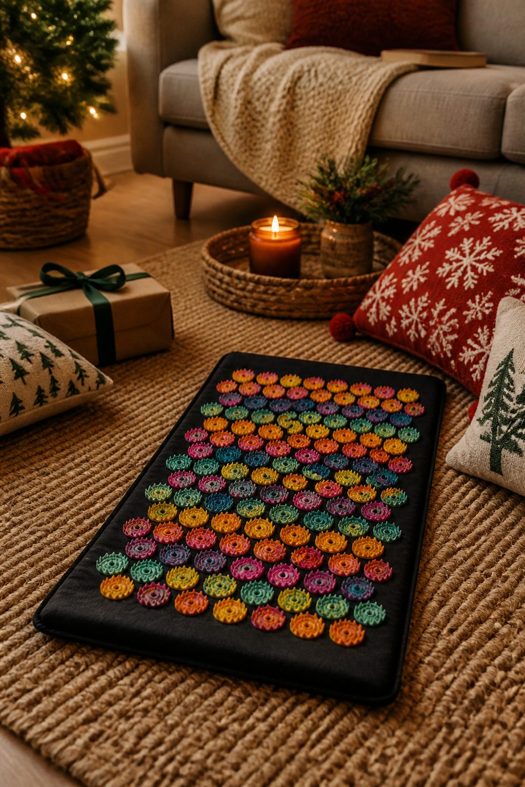 An acupressure mat with colorful spikes laid out on a floor.