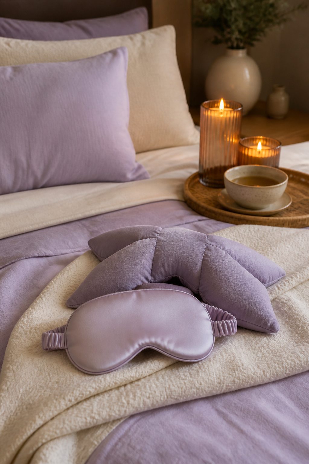 A sleep mask and NodPod placed on a made bed with soft linens.