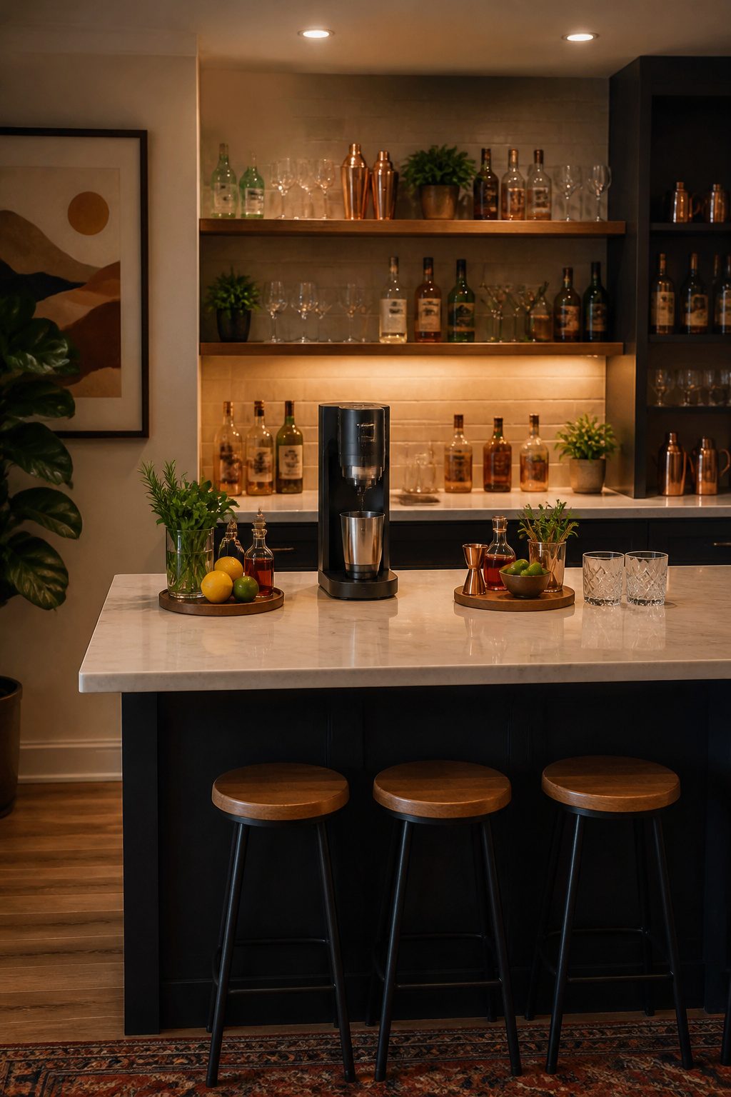 A smart cocktail maker displayed on a countertop with drinks.