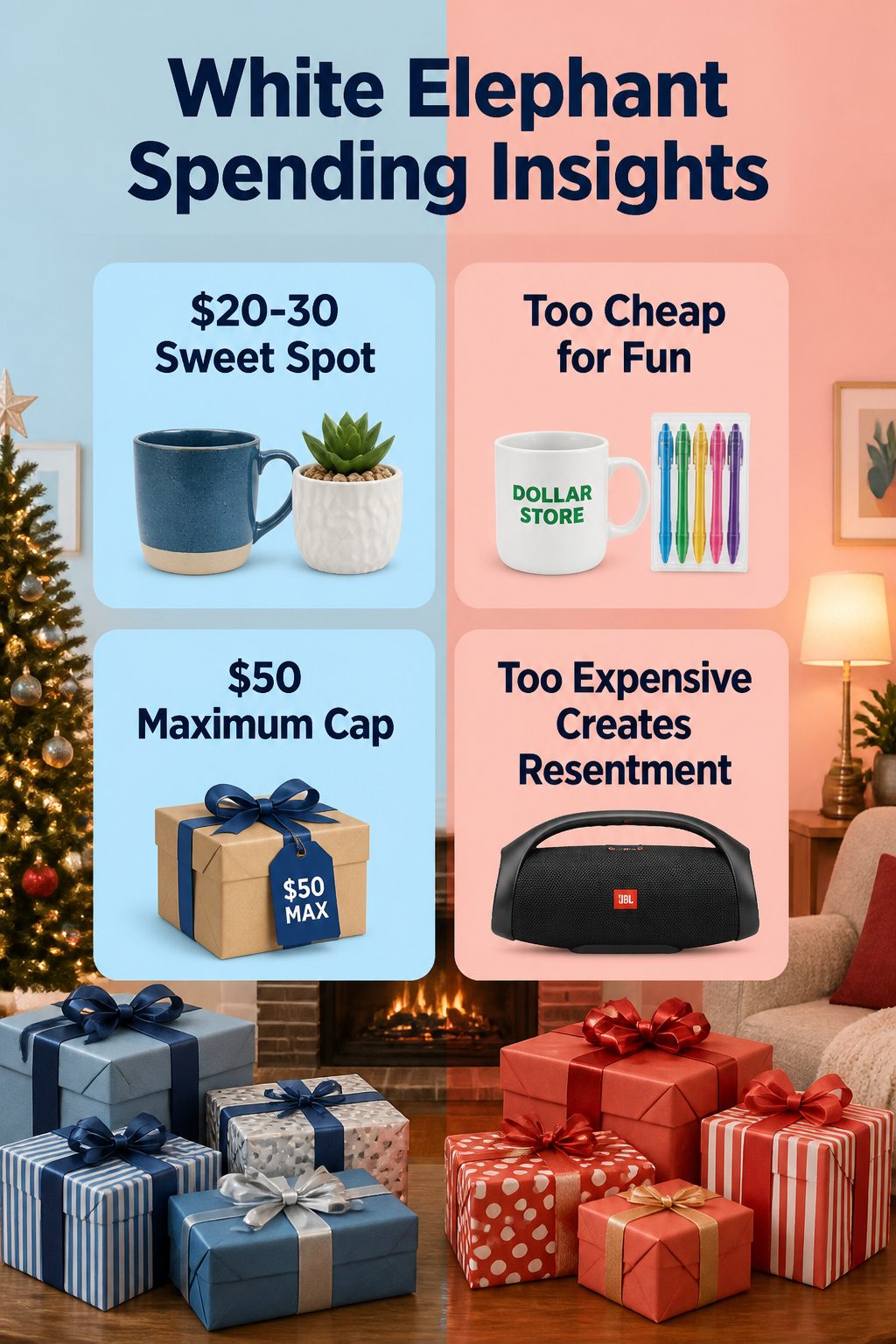 An infographic showing spending insights for white elephant gifts.