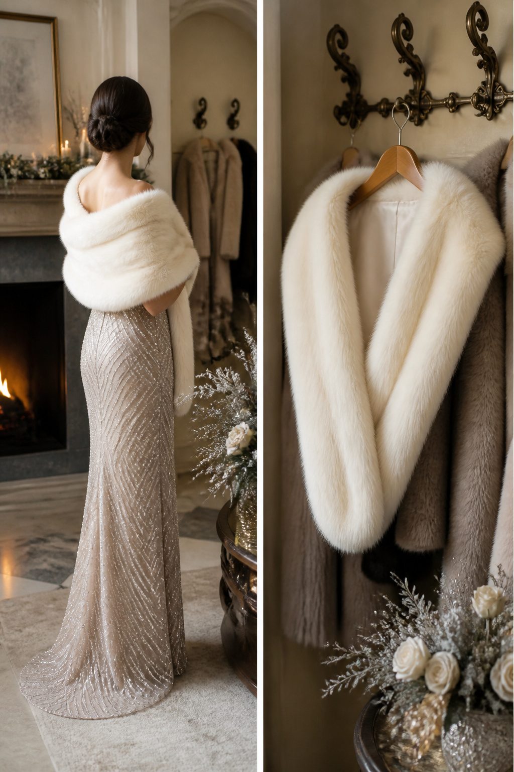 A faux-fur stole used for warmth at a winter wedding.