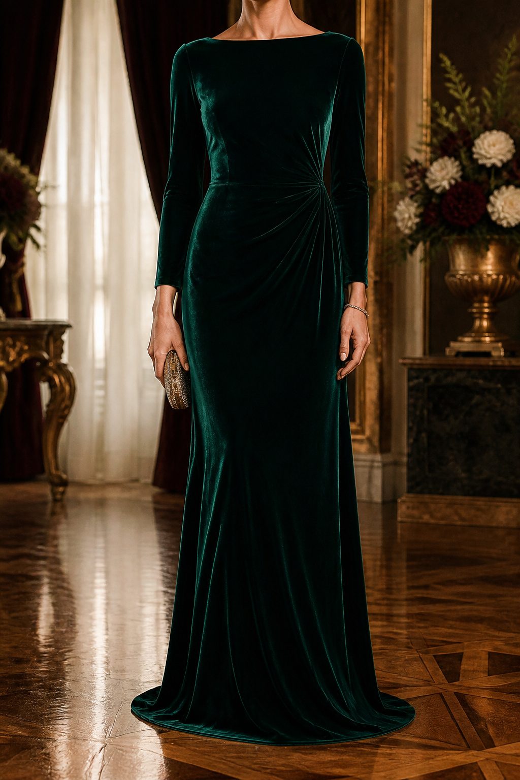 A black-tie gown in silk or velvet suitable for winter weddings.