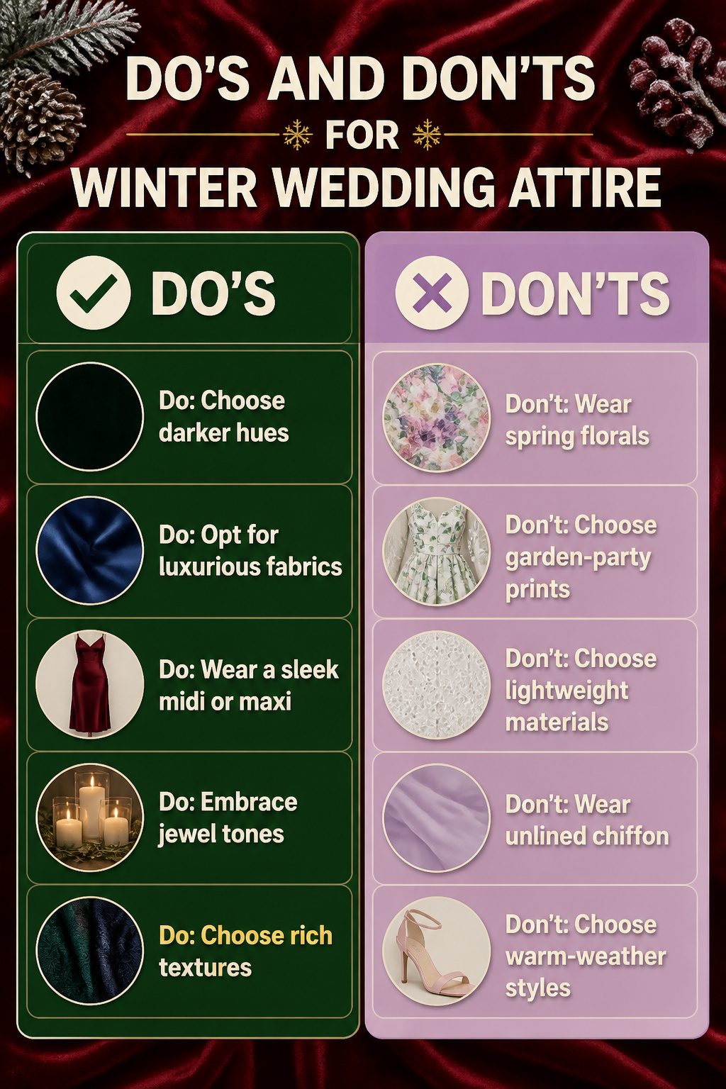 An informative image listing do's and don'ts for winter wedding attire.
